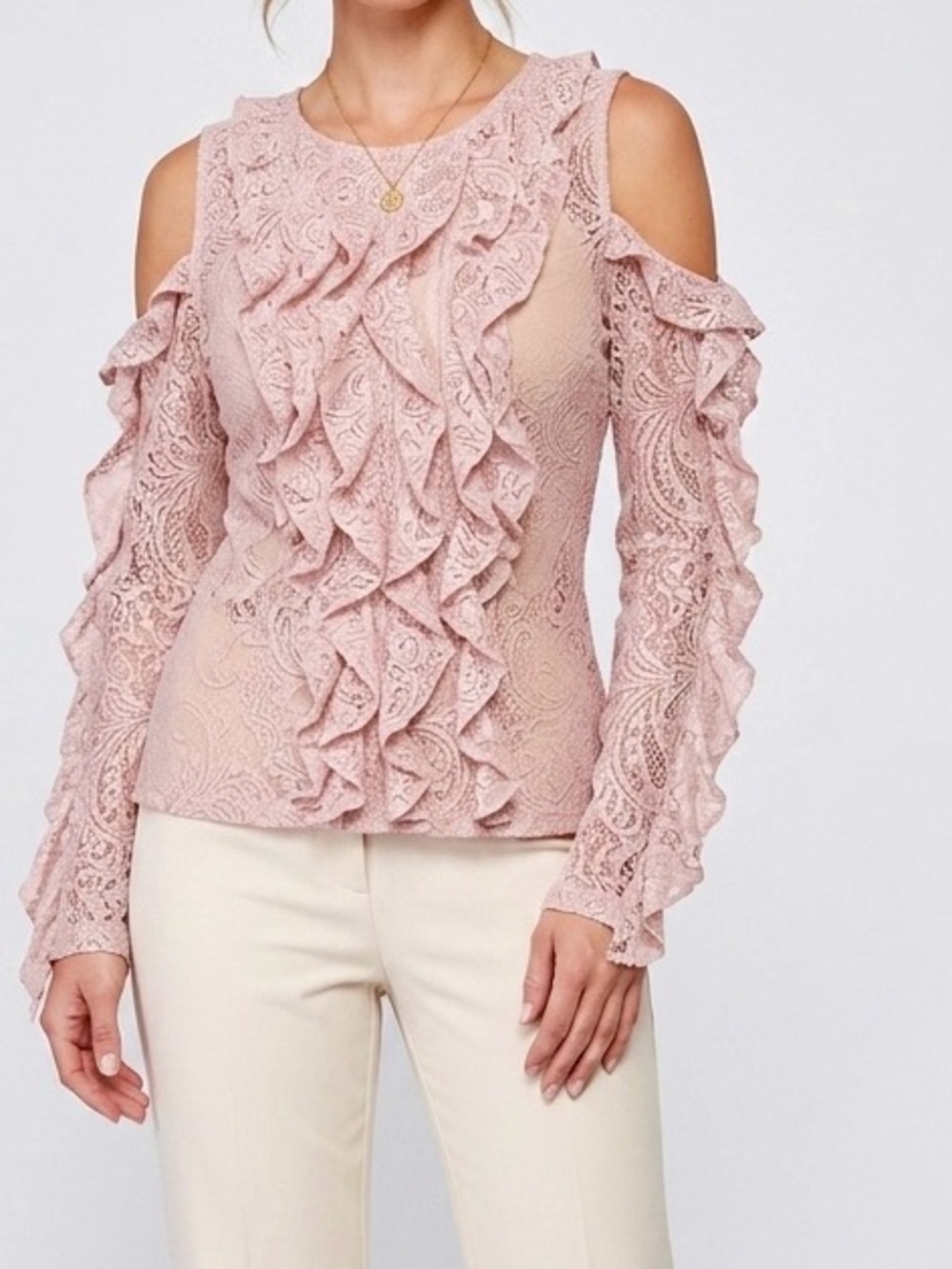 BCBGMaxAzria Ruffled Lace Blouse - Blush Pink